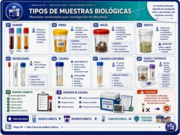 Mapa visual sobre tipos de muestras biológicas: sangre, orina, heces, esputo y otros materiales de estudio de laboratorio