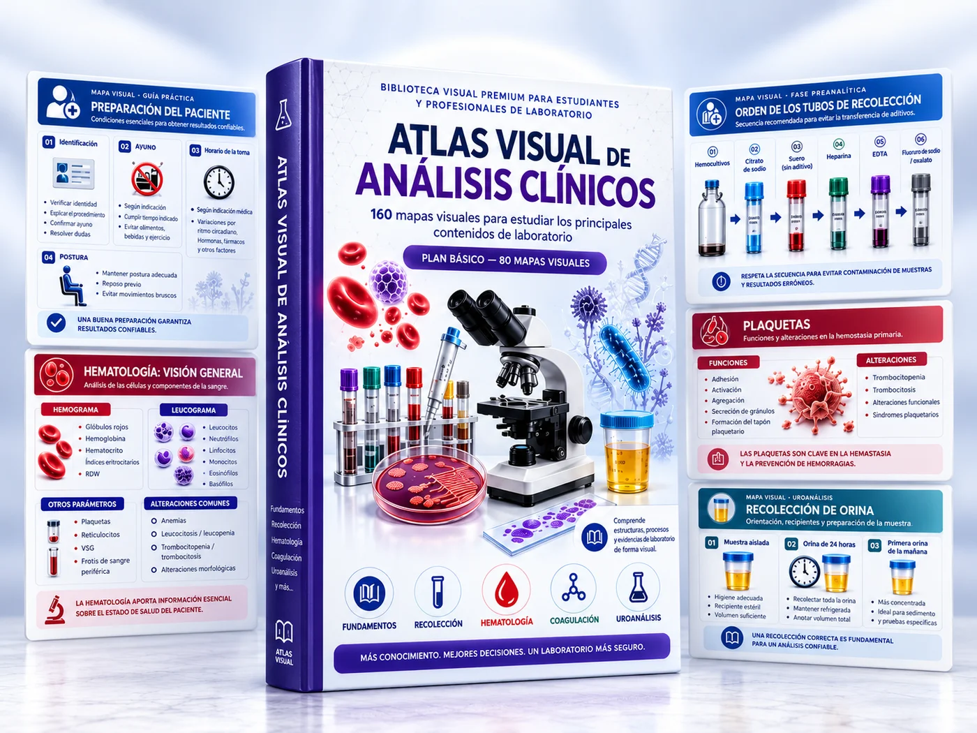 Mockup del Atlas Visual de Análisis Clínicos con páginas de mapas visuales flotando alrededor del producto