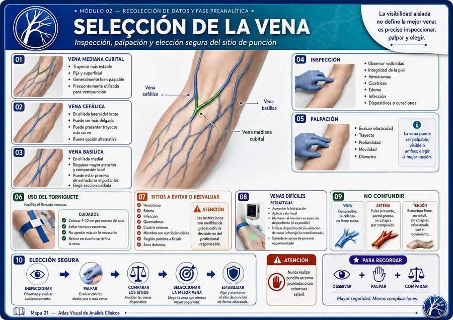 Mapa del Atlas sobre selección de la vena: inspección, palpación y elección del sitio de punción